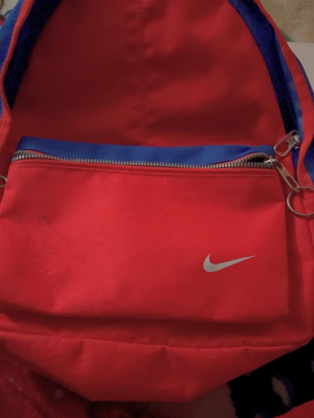 Nike Red Backpack with Blue Trim and White Swoosh